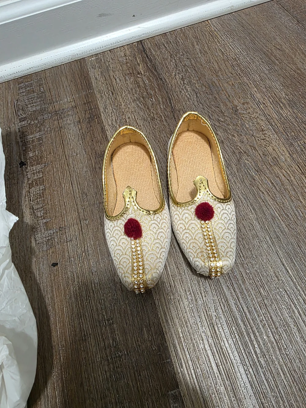 Embellished Ivory & Gold Kids Slip-On Flats with Red Pom Accent Indian